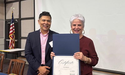Completion certificate for LLNJ’s PM Fundamentals + AI Integration Bootcamp, presented by Sam Sena (left) to Frances Bacardi, Belleville Public Library