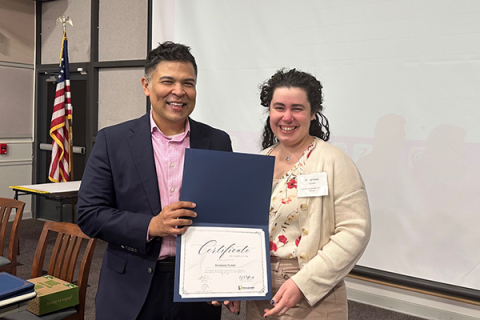 Completion certificate for LLNJ’s PM Fundamentals + AI Integration Bootcamp, presented by Sam Sena (left) to Annaliese Cuneo, Virtua Health Sciences Library